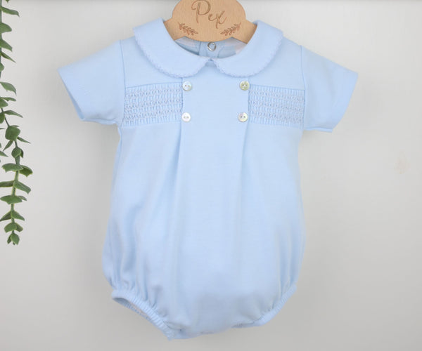 Smocked Cotton Romper Suit Blue