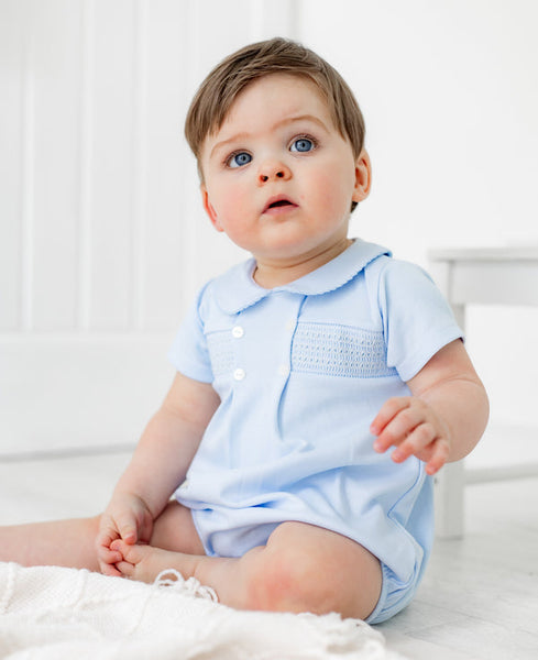 Smocked Cotton Romper Suit Blue