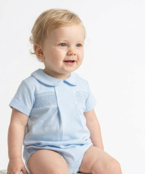 Smocked Cotton Romper Suit Blue