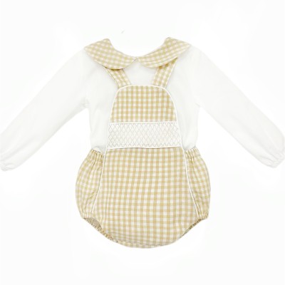 Baby Boy Camel Gingham Smocked Romper with Shirt
