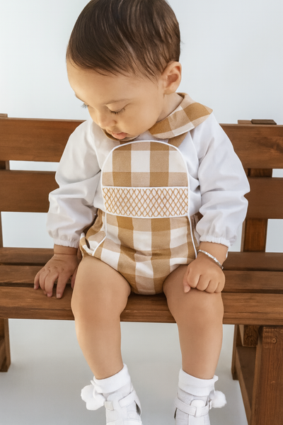 Baby Boy Camel Gingham Smocked Romper with Shirt