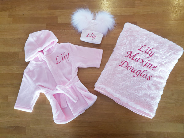 Personalised Dressing Gown, blanket and hat set