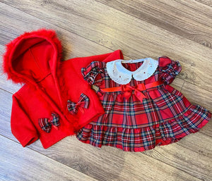 Red tartan Dress & Matching Cardigan with fur trim