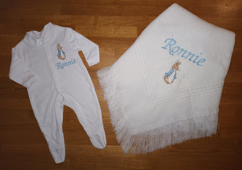 Personalised Rabbit Babygrow & Shawl set