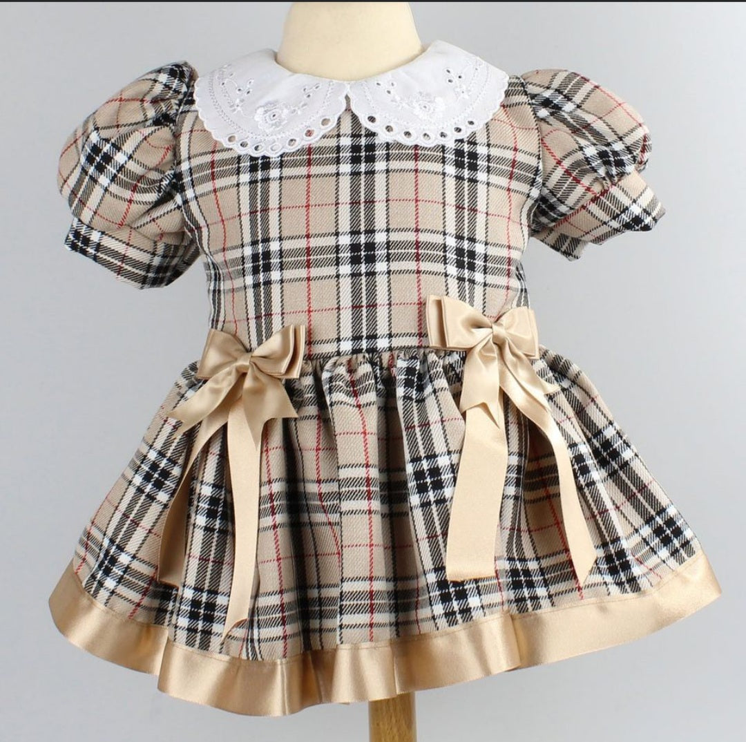 Beige check print, satin bow dress